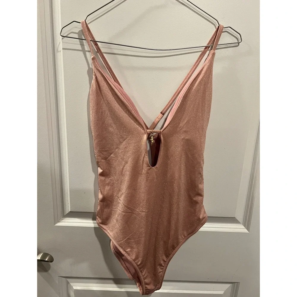Shade & Shore Womens One Piece Swimsuit Metallic Shimmer Rose Gold Size M